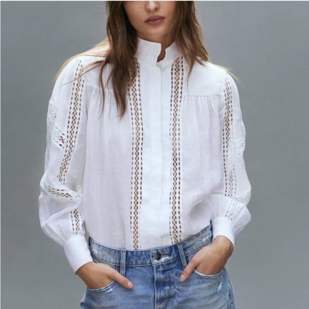 FRAME‎ White Panel Lace Crochet Peasent Sleeve Button Down Blouse Women's Size S